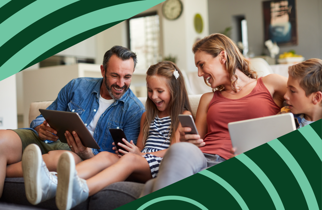 Alliance will buy Leap's fiber-optic internet this fall. Family members sit on the couch together and use their internet-connected devices.